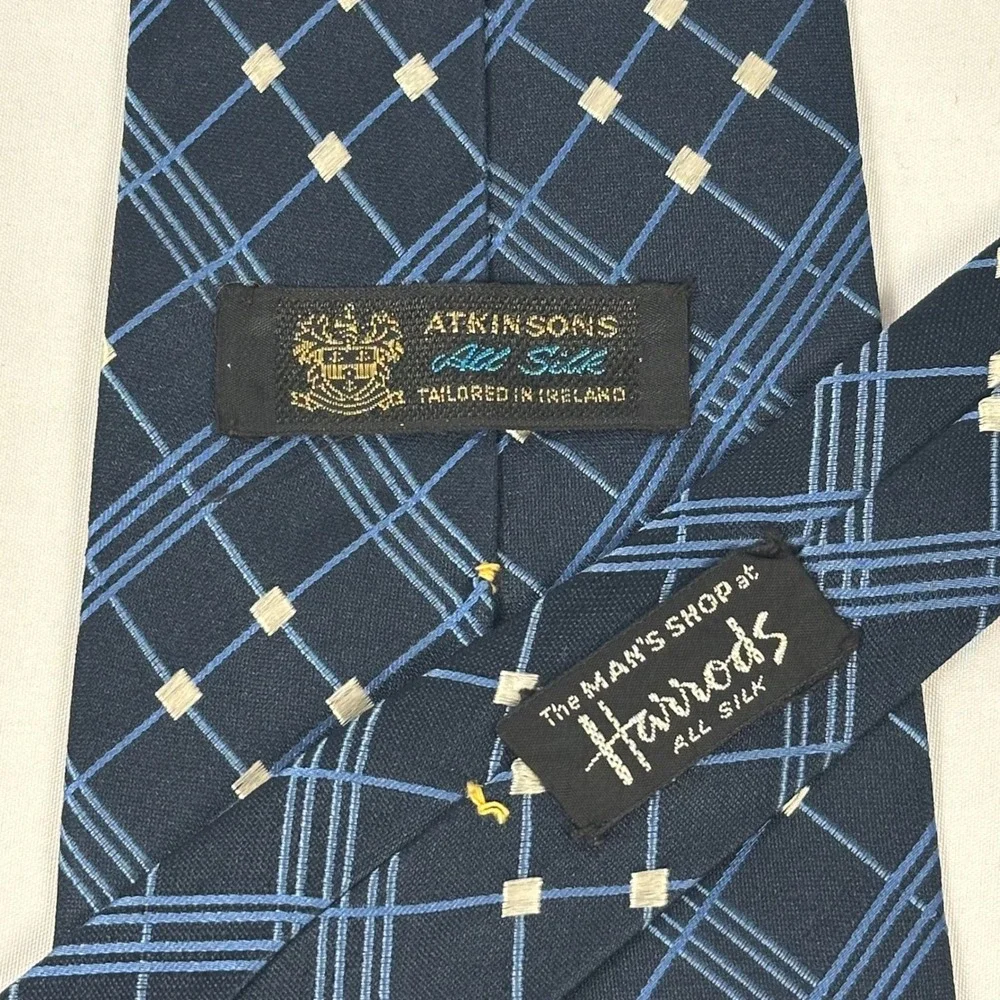 Atkinsons for Harrods Silk Tie Vintage Navy Blue Plaid Jacquard Made In Ireland